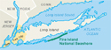 Map showing Fire Island National Seashore's location on Long Island, New York, bordered by portions of New Jersey and Connecticut.