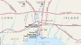 Map of major roads converging on Watch Hill Ferry Terminal in Patchogue, New York.