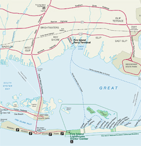 Map showing roadways and bridges to Robert Moses State Park and Fire Island Lighthouse.