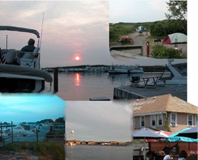 Collage of activities from sitting on a boat watching the sunset, to tents in a campground, and visiting a community restaurant.