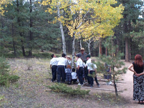 Students feeling the smooth bark of the Aspen trees