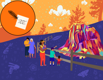 A multi-generational Latino family consisting of two children, two parents, and a grandmother stand behind a wooden fence admiring a large petrified Redwood stump. In the left upper corner is a round orange graphic of a quill pen scribbling on paper.