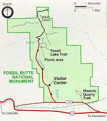 Map of Fossil Butte National Monument including road, trail, picnic area and visitor center locations.