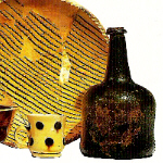 Frederica artifacts: slipware plate, dotware cup & glass bottle