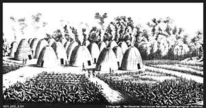 Black & white drawing of 19th century Wichita Indian village.