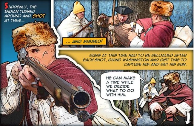 Comic book-style image of an American Indian firing a musket