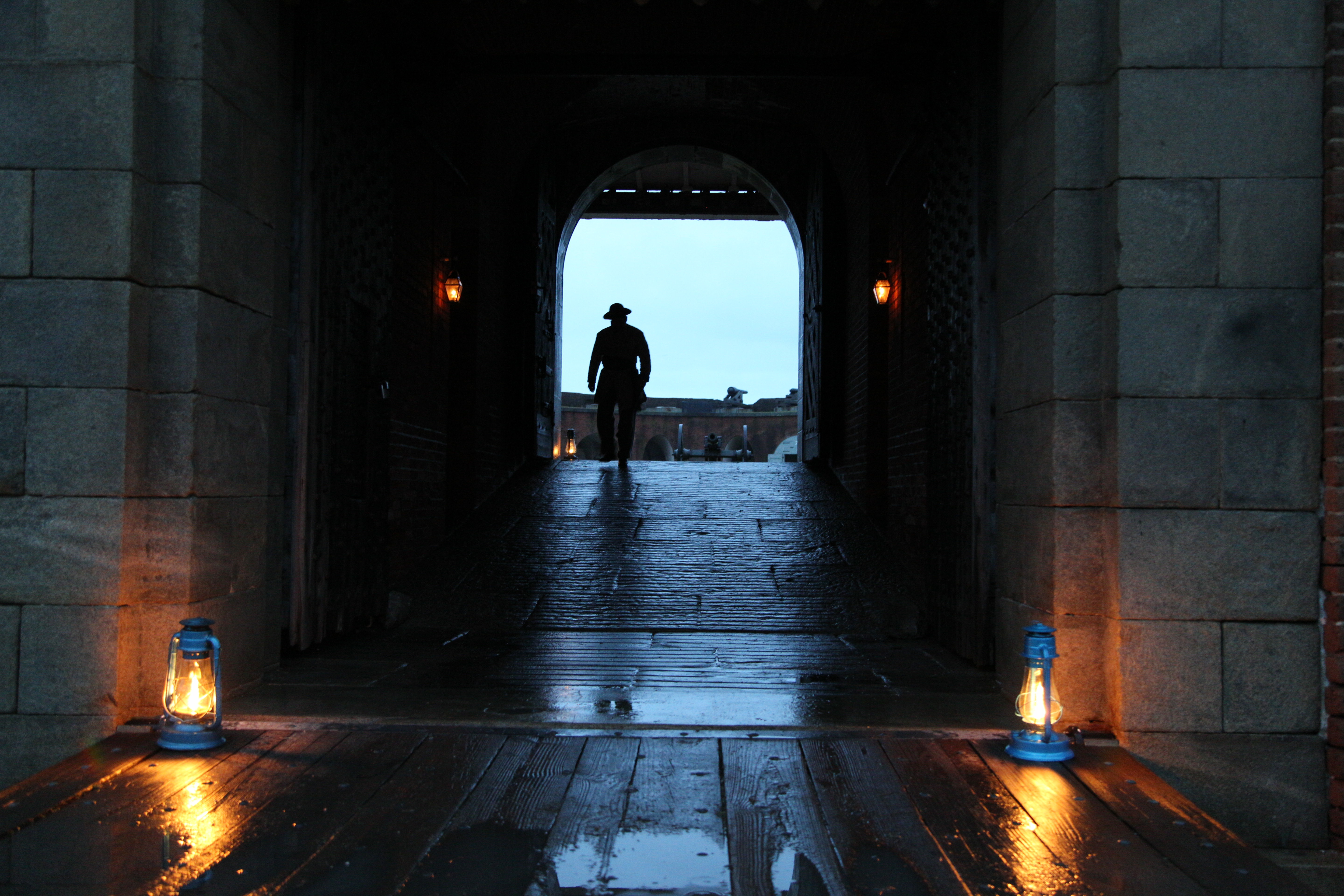 The Sallyport, lit by lanterns, at Fort Pulaski.