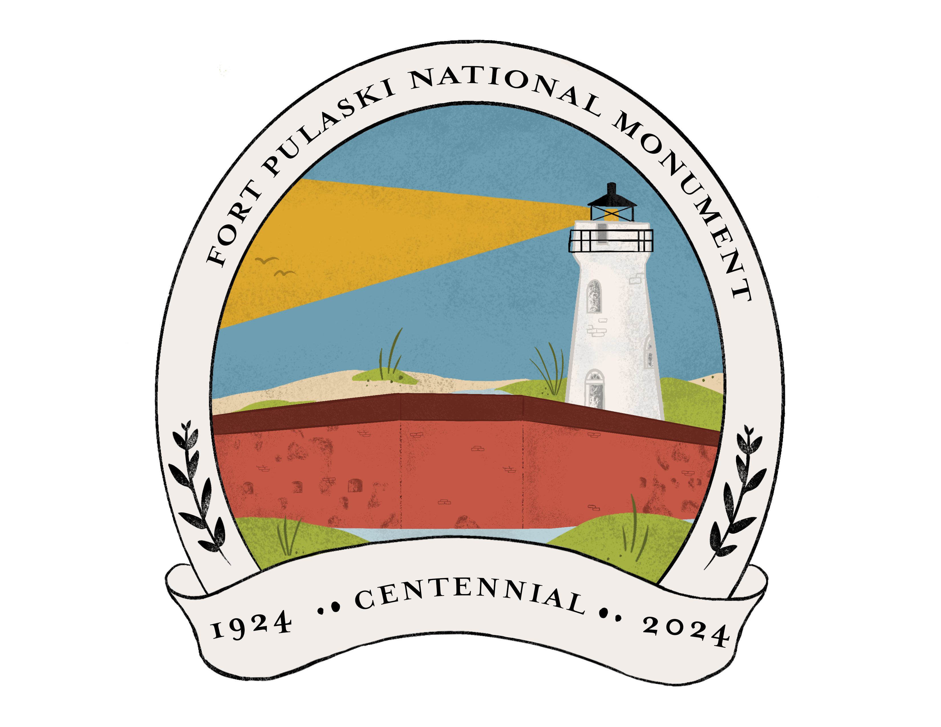 Fort Pulaski National Monument's 100th Anniversary Logo, showing a red fort against a green and blue background.