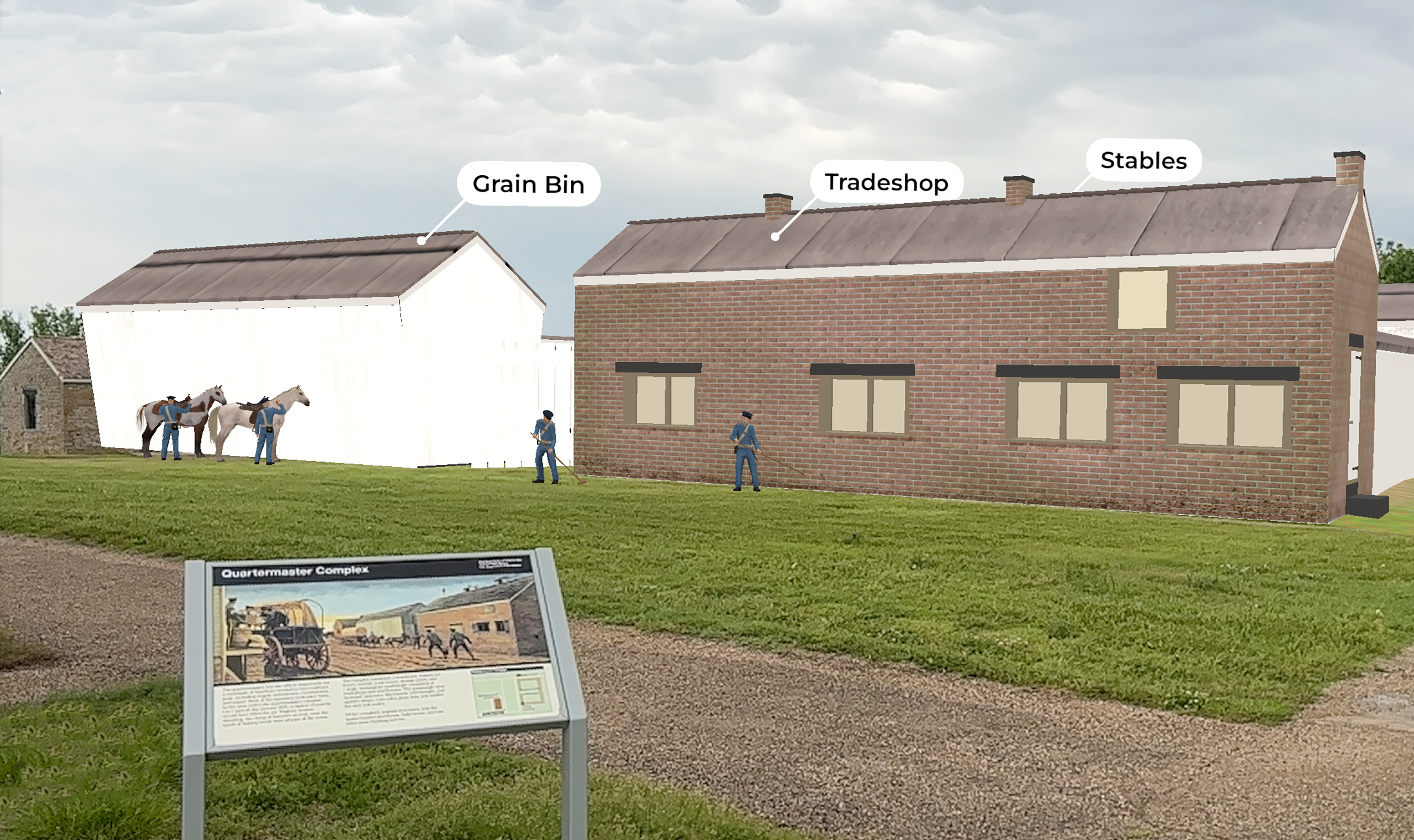 Digital reproductions of the brick trade shops, wooden granary, with period solders and horses added to the historic scene.