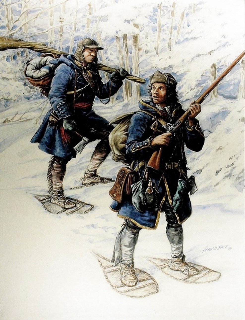 Two men with toque-like hats, long 18th C-style jackets, and snow shoes wander through the woods on a blustery, snow-covered day with bundles on their backs and rifles in their hands.