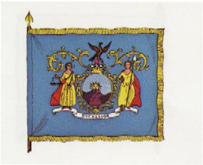 a light blue flag with golden fringe, on it stands ladies liberty and justice in golden dress standing on a British crown. a light blue flag with golden fringe, on it stands ladies liberty and justice in golden dress standing on a British crown.