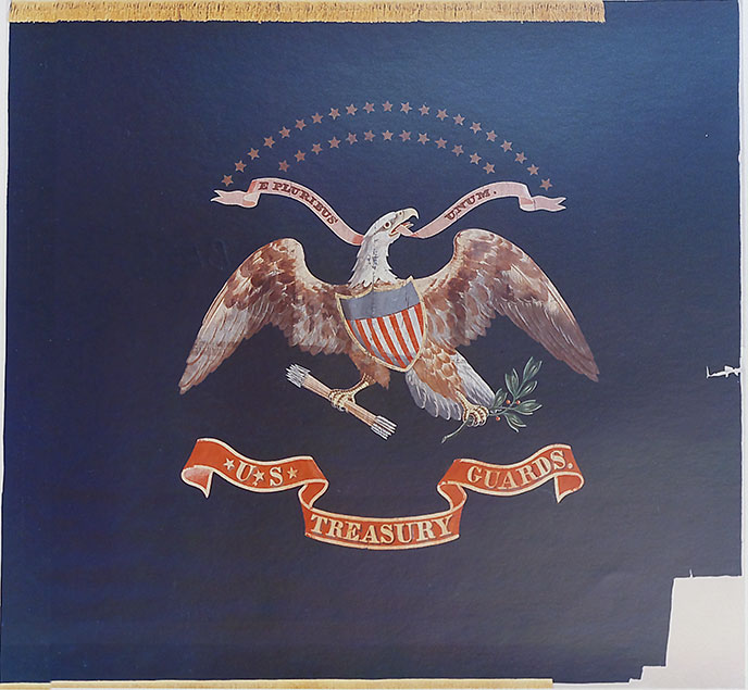 blue flag with emblem in the middle