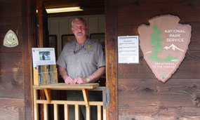 Marv Binegar greets visitors