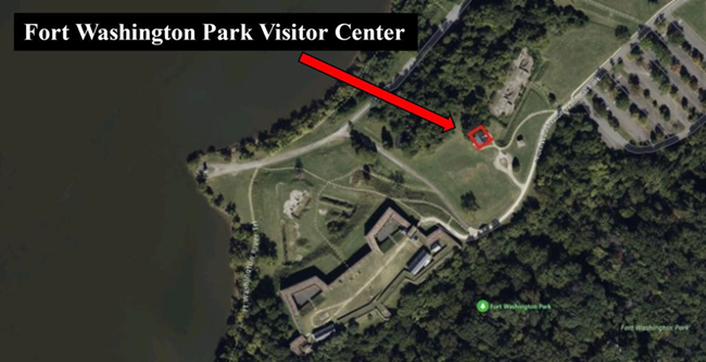 a birds eye view of Fort Washington Park with the Visitor Center highlighted