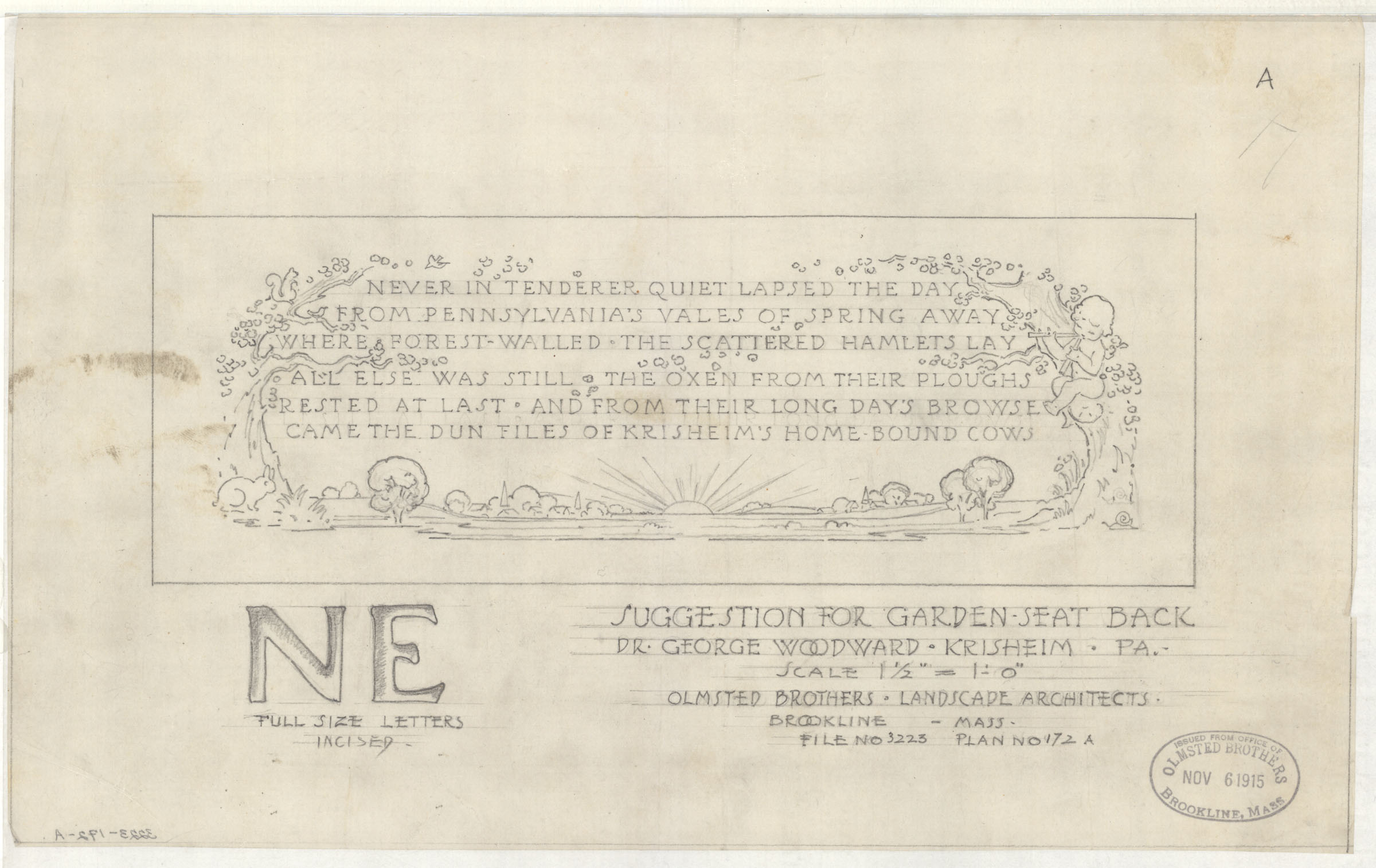 Plan of bench showing words surrounded by trees