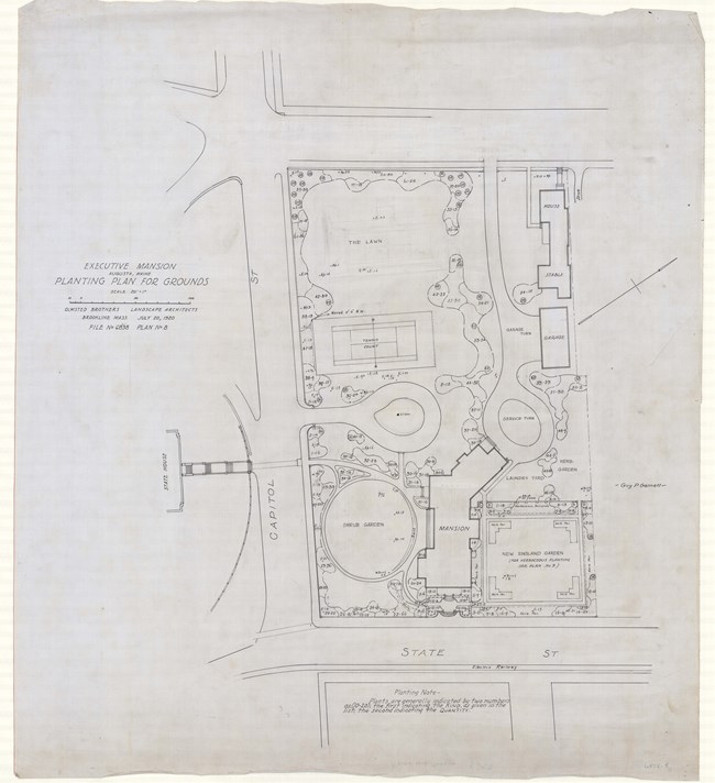 Pencil drawing of roads intersecting to form rectangle of green space with several buildings on it, roads with circular turns, and numbers showing plantings.