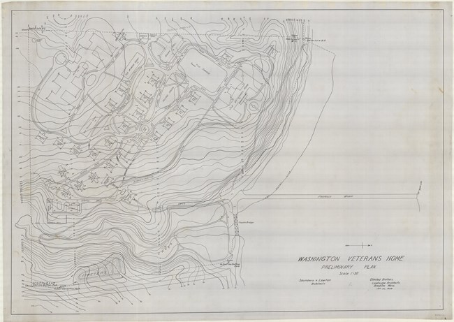 Pencil drawing showing very steep topographical lines with curving roads and many buildings placed along the hill connected by roads.