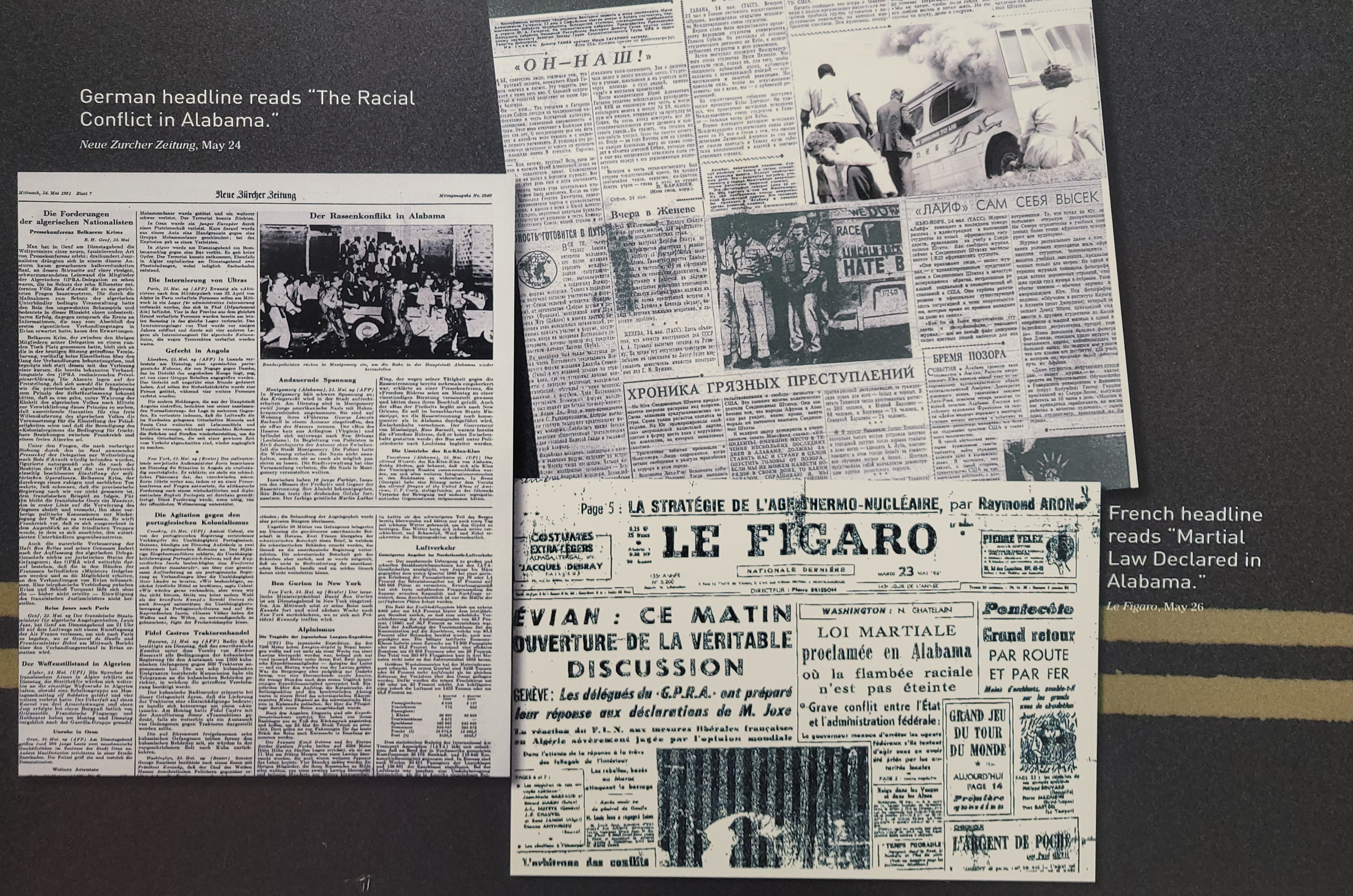 German, Russian and French newspapers reporting on Freedom Riders news in the United States