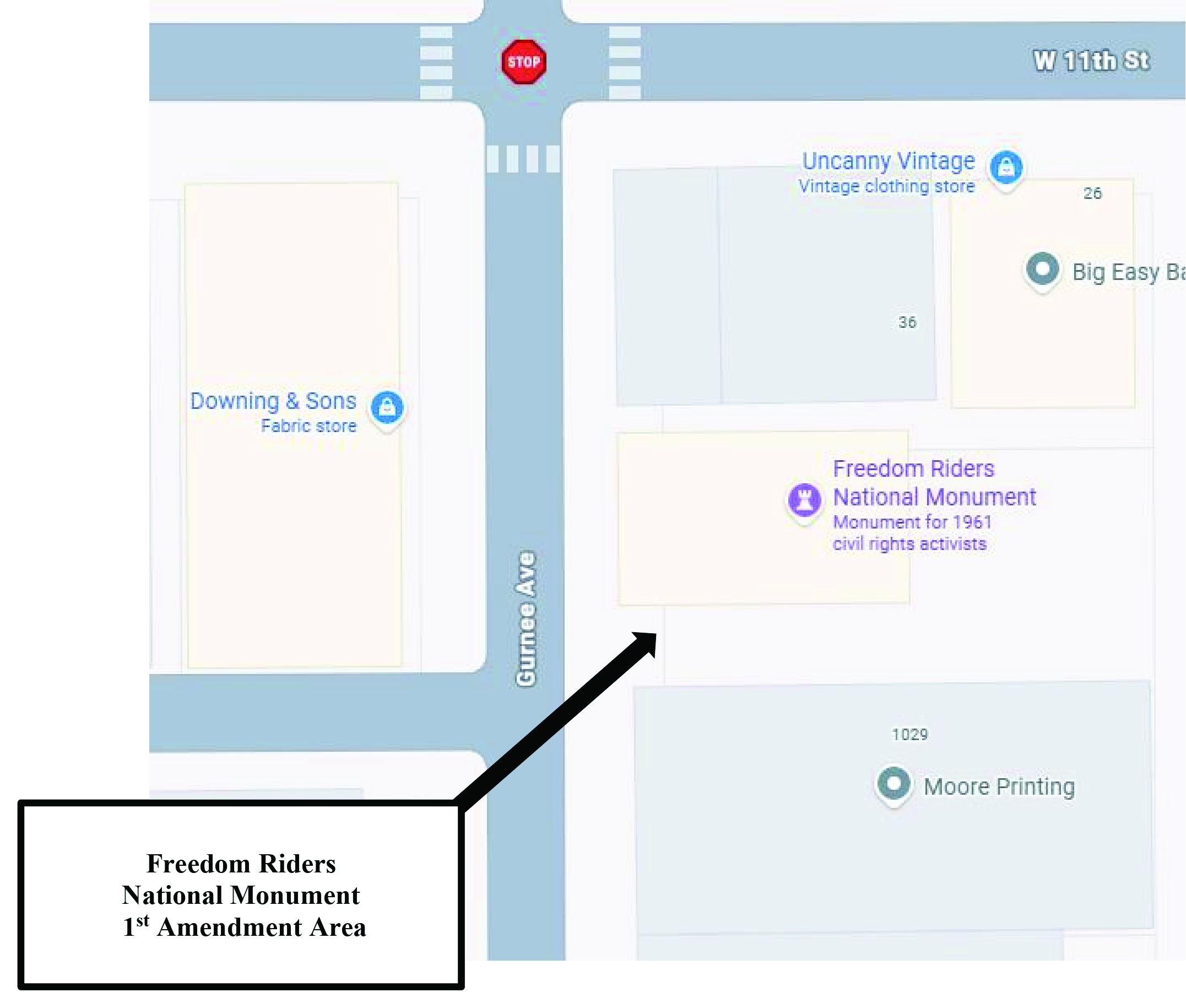 A map pointing to an alley next to the Greyhound Bus Depot on Gurnee Avenue in Anniston, Alabama.
