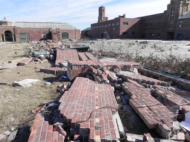 At Jacob Riis Park in Queens, a six-foot wall lies shattered by the storm surge from Hurricane Sandy.