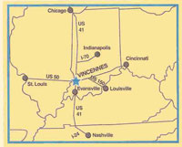 Map showing location of Vincennes in South West corner of Indiana