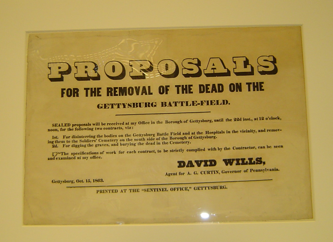 A poster seeking individuals to remove the dead from the Gettysburg battlefield