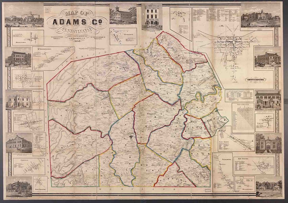 An 1858 map of Adams County Pennsylvania shows the outline of the county and townships in different colors. There are twelve pictures of famous building around the edge.