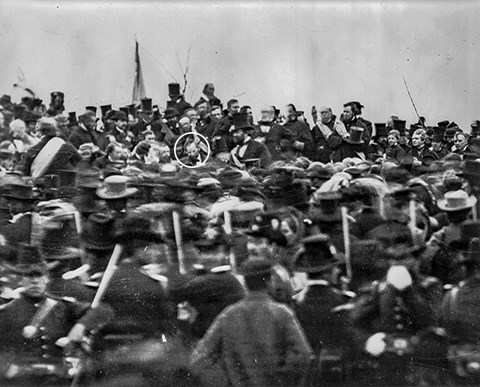The only know picture of Abraham Lincoln from the November 19, 1863 ceremony shows Lincoln from a distance with his hat removed and his head bowed. He is surrounded by dignitaries and the large crowd.