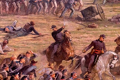 A close up of the Cyclorama Painting shows Union soldiers and officers on horseback.