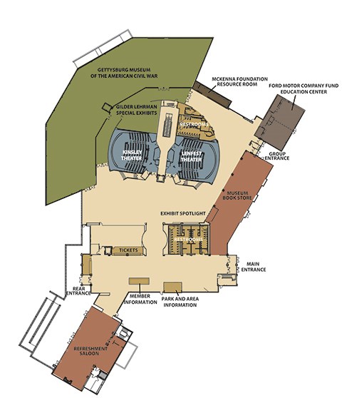 This museum map labels the building entrances, theaters, restrooms, bookstore, education center, refreshment saloon, and information, tickets, and memberships desks.