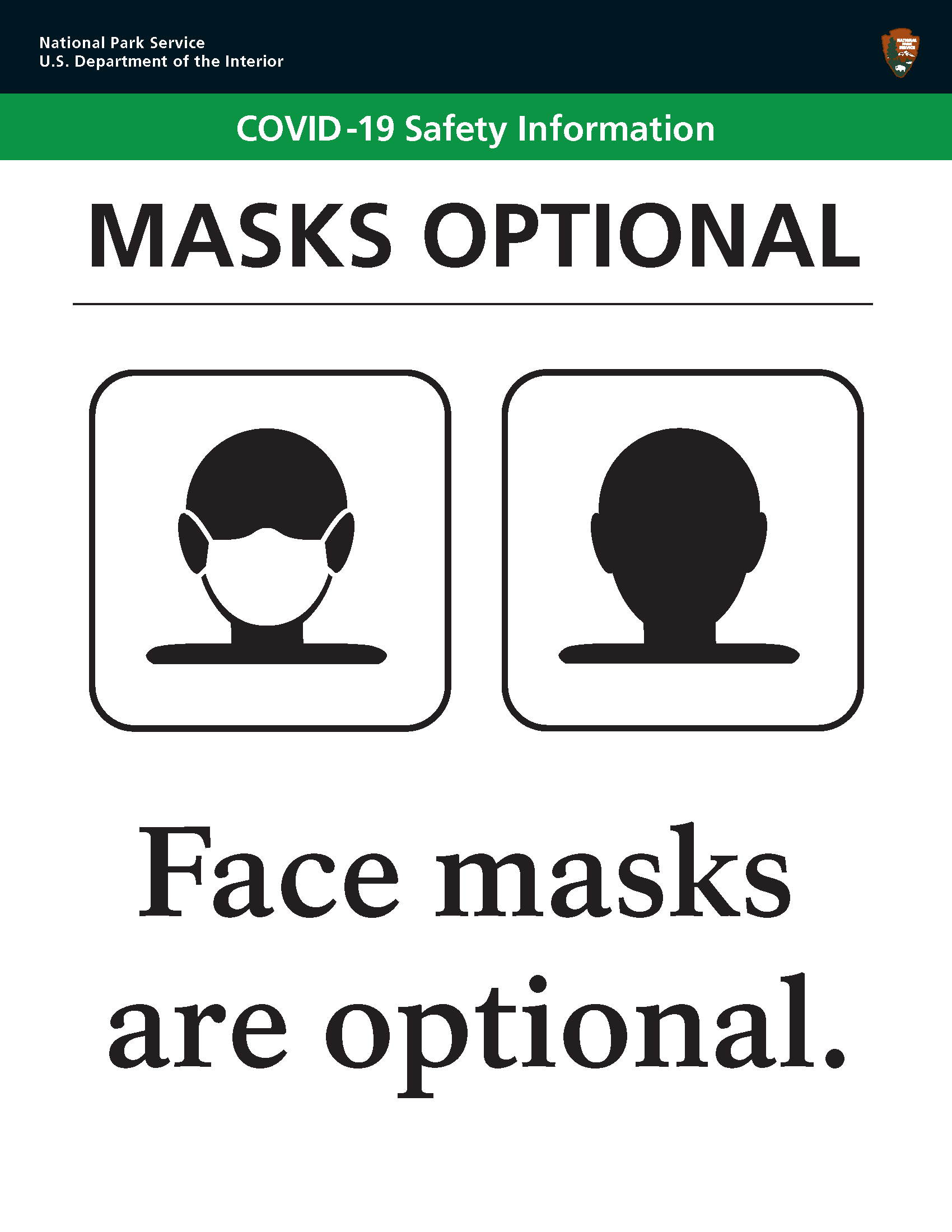 This illustration, created at Harpers Ferry center is an example of a sign for parks where face masks are optional.