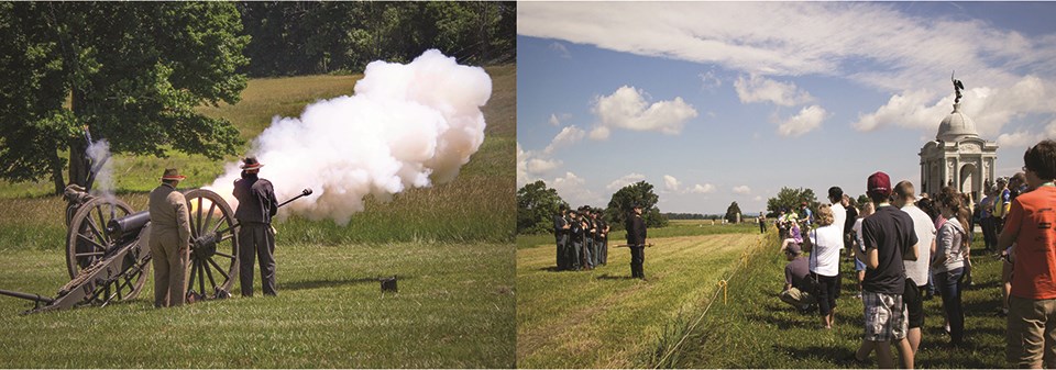 Two pictures show living historians portraying a Confederate artillery unit (left) and a Union infantry unit (right).