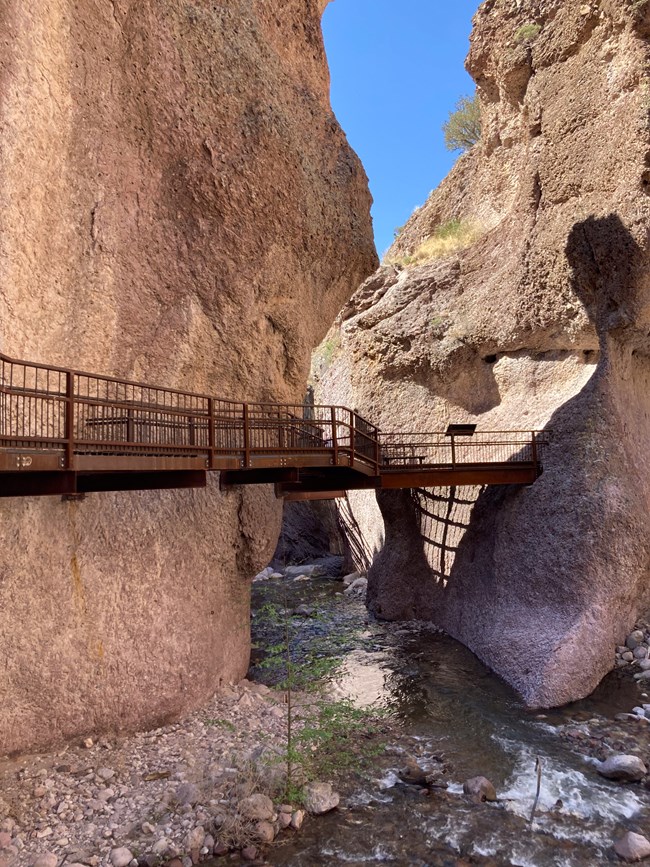 A metal walkway is attached to side of a canyon and follows alongside the canyon, water flows below and a small tree grows next to the water