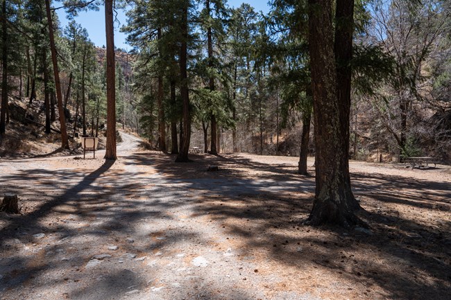 A campground in a dirt/gravel area, with a sign that says Railroad Canyon Campground