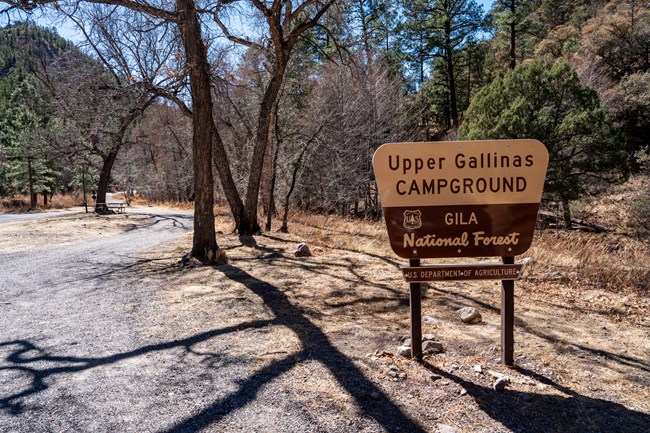A campground located on a dirt/gravel area, there is a brown sign that says Uper Gallinas Campground