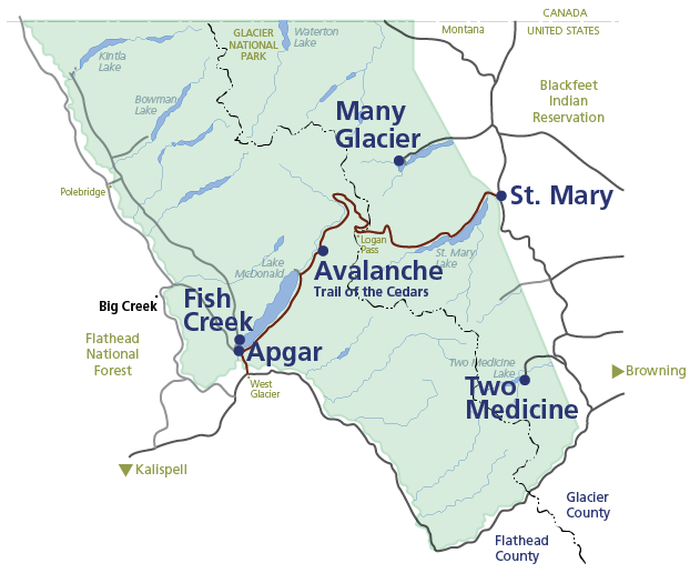 Map of Glacier National Park with locations of education programs labeled in dark blue