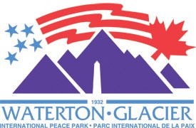 Graphic of mountains, stars, stripes, and leaf over words Waterton-Glacier International Peace Park