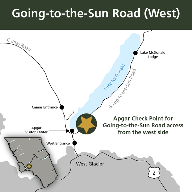 Map of west GNP with a star on Apgar Check Point for Going-to-the-Sun Road Access from the west side