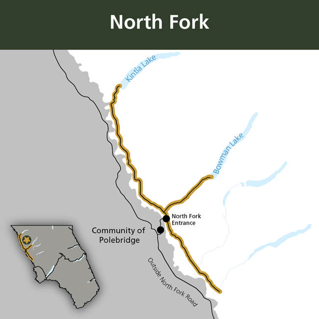 Map of GNP with North Fork roads highlighted.