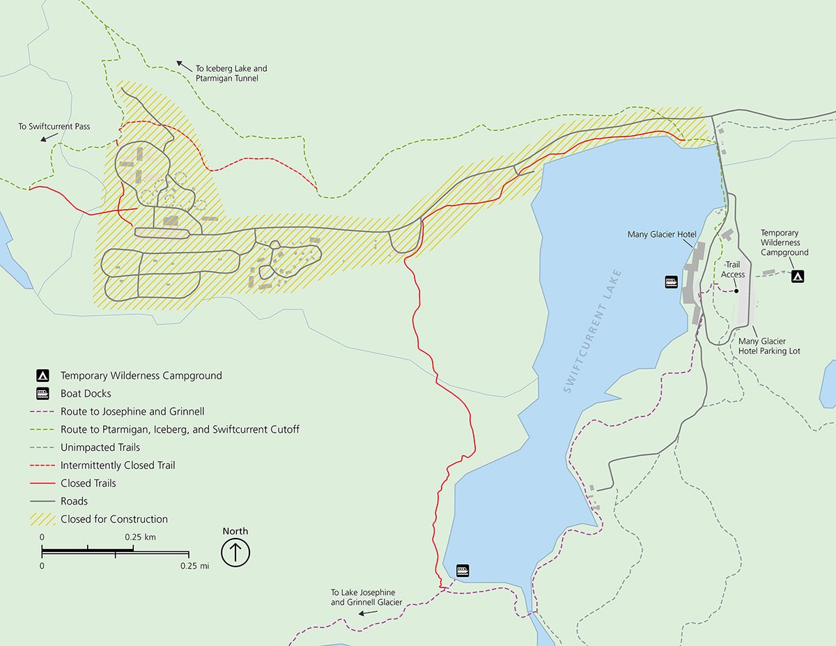 A map of the Many Glacier area highlights the closed area in yellow dashes. Trail closures are in red and trail detours are in green and purple. A legend is on the left side of the map.