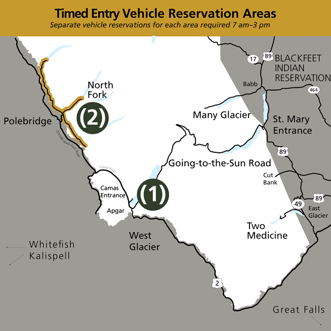 Map of Glacier National Park with timed entry vehicle reservation areas highlighted. Reservations include, (1) Going-to-the-Sun Road and (2) North Fork.