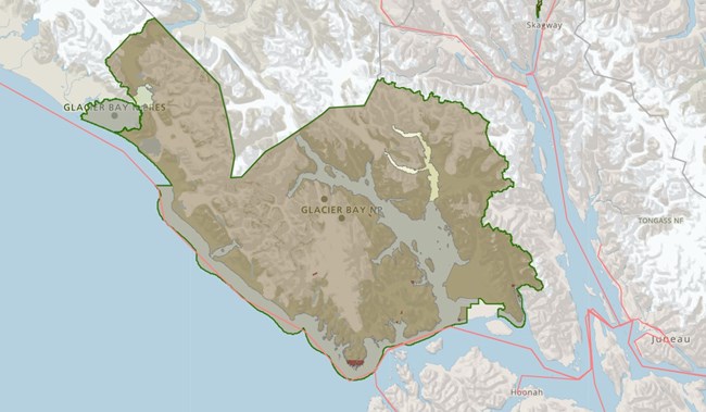 Screenshot of Glacier Bay wilderness map, an interactive map that shows graphic overlays of land designations, including wilderness, in the region.
