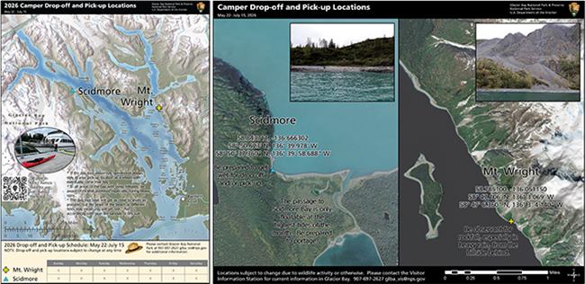 A thumbnail image showing maps of Glacier Bay camper dropoff and pickup locations, this thumbnail image is not intended to be used, it is only a screenshot of the maps.