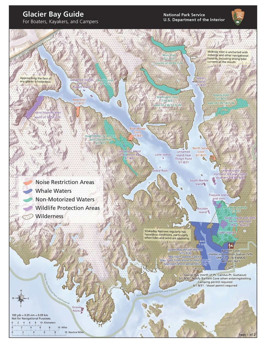 Glacier Bay Guide to park waters shows a map of Glacier Bay with many specific regulations based on location and more. Call the park at 907-697-2230 for park regulations.