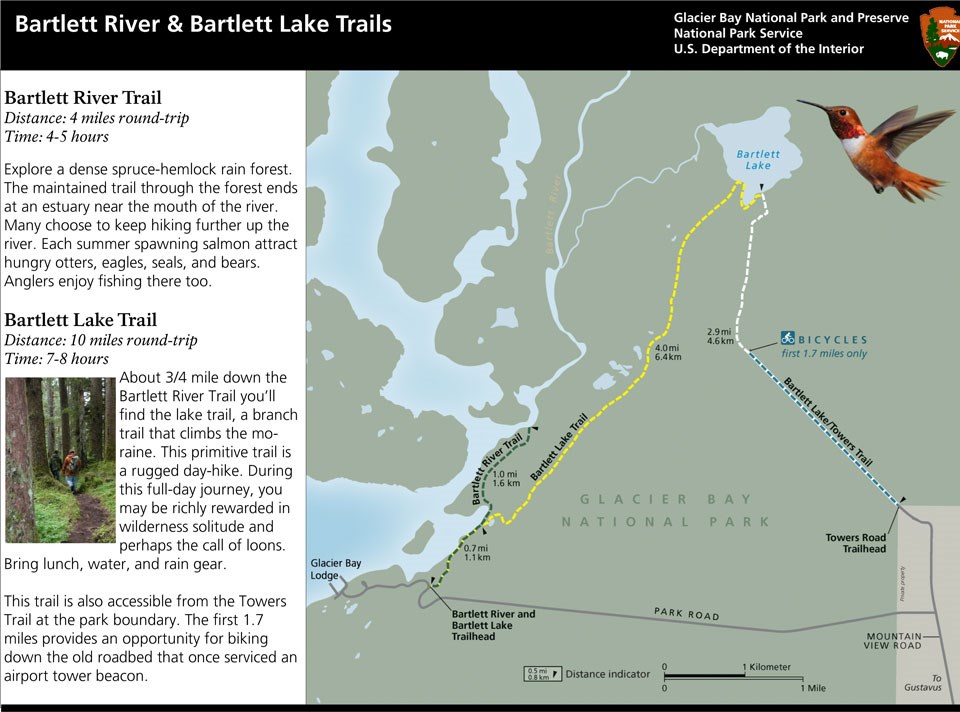 Bartlett Cove Trails Map. This image depicts the general routes of the Bartlett River Trail and Bartlett Lake Trail.