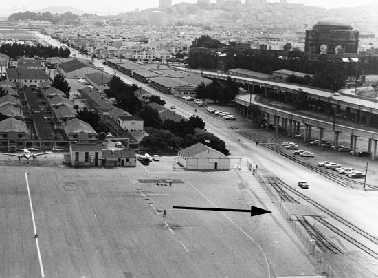 historic view of Crissy Field showing railroad tracks and airfield