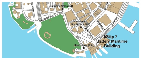 Map of the Governors Island Ferry Terminal at the Battery Maritime Building in Lower Manhattan