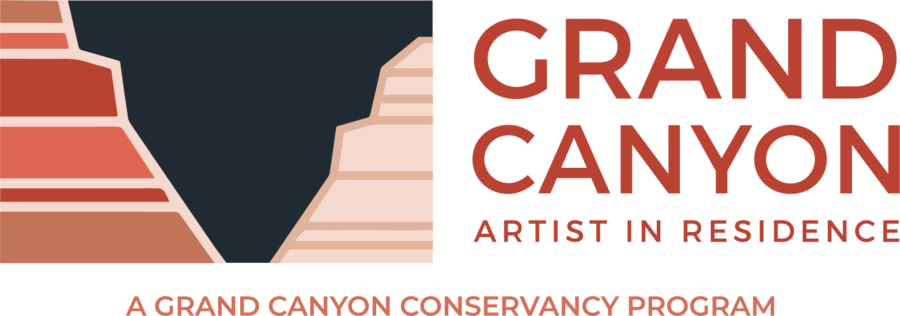 Stylized graphic with bands of rust and vermilion color representing the rock layers that make up canyon walls. Text reads: "Grand Canyon Artist in Residence, a Grand Canyon Conservancy Program"