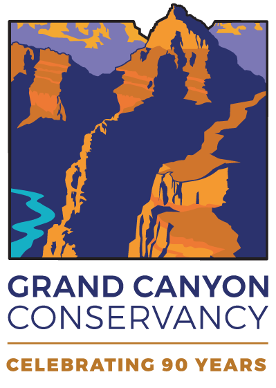 Logo shows a posterized graphic of a peak within Grand Canyon with a river down below. Colors are purple, vermillion and mustard yellow. Text: Grand Canyon Conservancy Celebrating 90 Years.