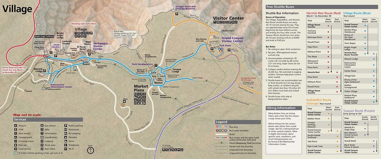 a portion of the South Rim Pocket Map that shows Grand Canyon Village with shuttle bus routes as colored lines. on the right; shuttle bus information and schedules.